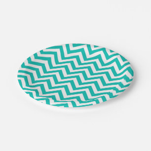 Prato De Papel Padrão ZigZag Grande Chevron Teal e Branco