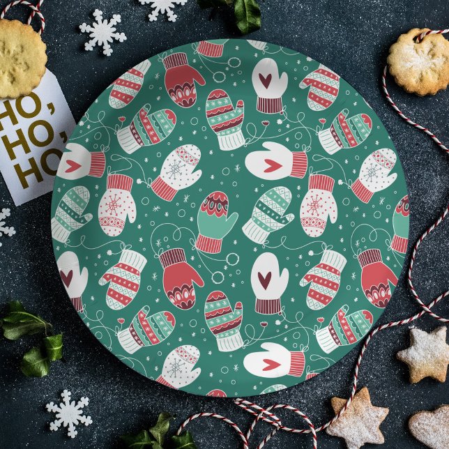 Prato De Papel Padrões de Mittens de Natal Cozy no inverno (Winter Mittens Pattern Paper Plate)