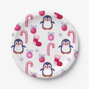 Prato De Papel Padrões de Natal Rosa e Branco bonitos com pinguin