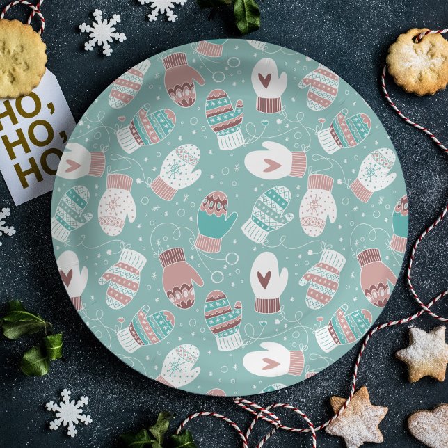 Prato De Papel Padrões de Noite de Natal Cozy em Mint (Winter Mittens Christmas Plate)