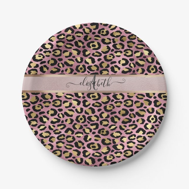 Prato De Papel Padrões leopardo Monograma Rosa Dourado Preto (Frente)