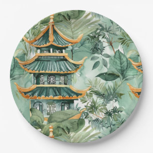 Prato De Papel Pagoda Asiática de Aquarela na Paisagem Verdante (