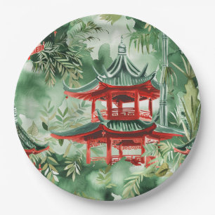 Prato De Papel Pagoda Asiática de Aquarela na Paisagem Verdante (