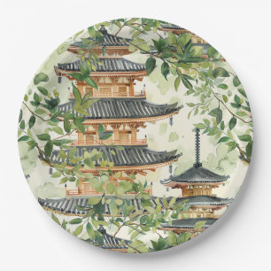 Prato De Papel Pagoda Asiática de Aquarela na Paisagem Verdante (