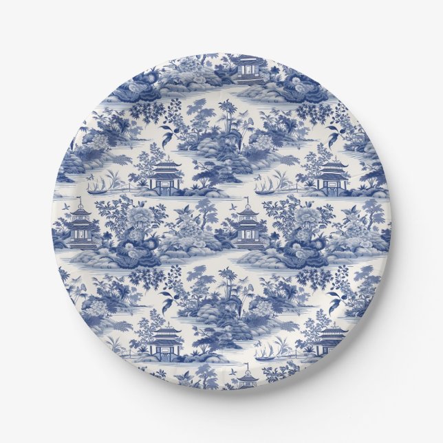 Prato De Papel Pagoda Azul Padrão de Chinoiserie Personalizada (Frente)