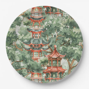 Prato De Papel Pagode Chinesa Floresta Verde Sálvia