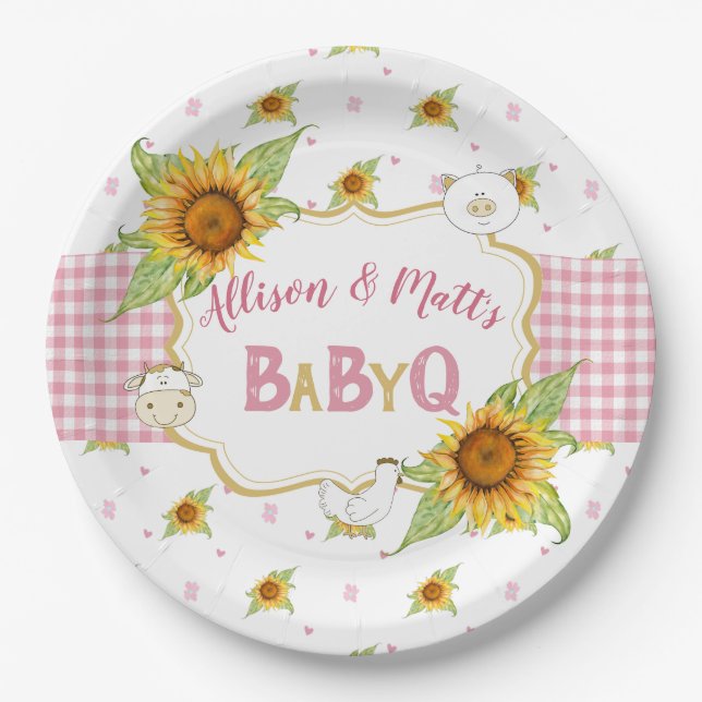 Prato De Papel País Girassol Rosa Gingham Baby Q Barbeque (Frente)