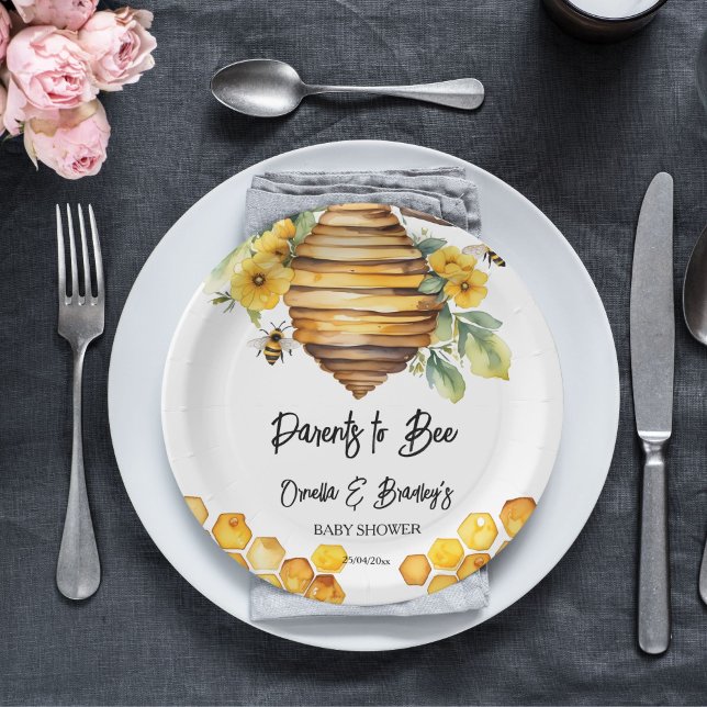Prato De Papel Pais para o modelo de abelha primavera (Parents to bee spring honey bee baby shower template paper plates personalized tableware decor )