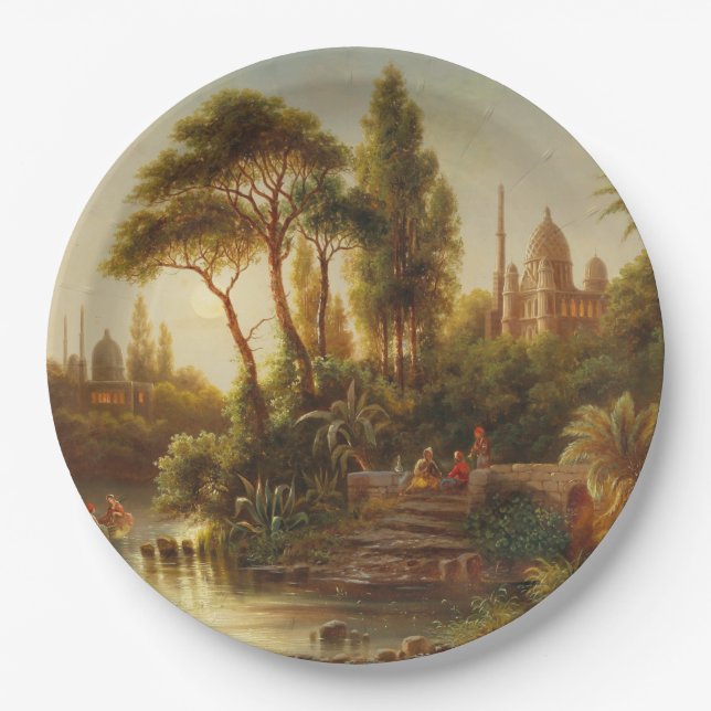 Prato De Papel Paisagem Asiática na Luz da Noite (Arte Sunset) (Frente)