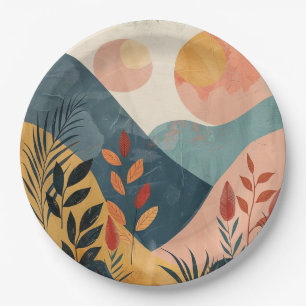 Prato De Papel Paisagem de Montanha Boho Sóis Gêmeos Coral Verde