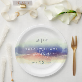 Prato De Papel paisagem monograma de casamento em aquarela enevoa