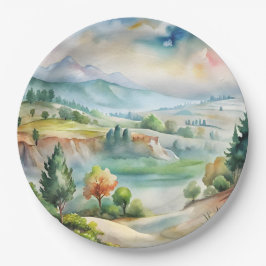 Prato De Papel Paisagem montanhosa aquarela