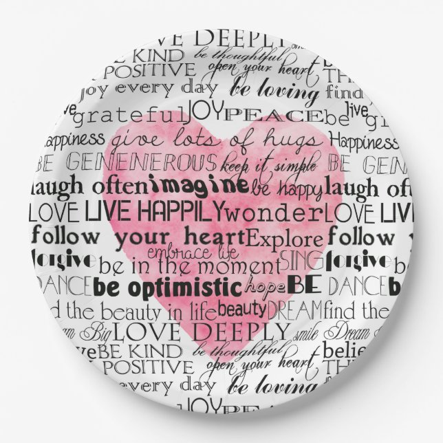 Prato De Papel Palavras Inspirativas de Coração de Água Rosa (Frente)