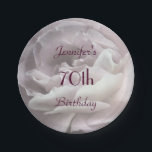Prato De Papel Pale Pink Rose, Name, 70th Birthday Party<br><div class="desc">Our original photograph of ultra pale pink rose petals decorates this unique and fun party paper plate. Although default says "70th Birthday",  you can easily change the name,  # of years,  and event. Very feminine and girly! Many matching products available. All Rights Reserved © 2015 Alan & Marcia Socolik.</div>