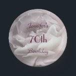 Prato De Papel Pale Pink Rose, Name, 70th Birthday Party<br><div class="desc">Our original photograph of ultra pale pink rose petals decorates this unique and fun party paper plate. Although default says "70th Birthday",  you can easily change the name,  # of years,  and event. Very feminine and girly! Many matching products available. All Rights Reserved © 2015 Alan & Marcia Socolik.</div>