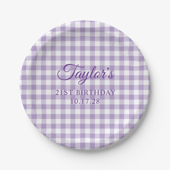 Prato De Papel Pale Purple Gingham Plaid 21st Birthday (Frente)