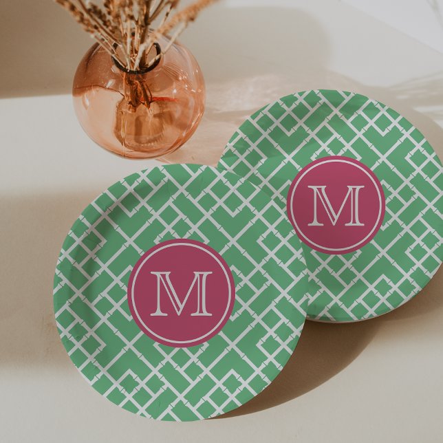 Prato De Papel Palm Beach Green e Pink Geométrico Bamboo Monogram (Criador carregado)