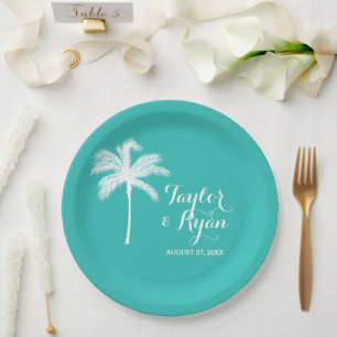 Prato De Papel Palm Tree Aqua Wedding