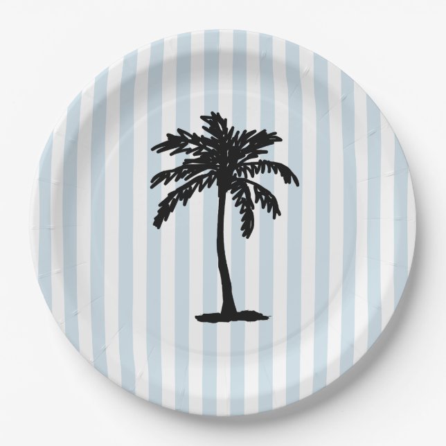 Prato De Papel Palm Tree Beach Nautical Stripe (Frente)
