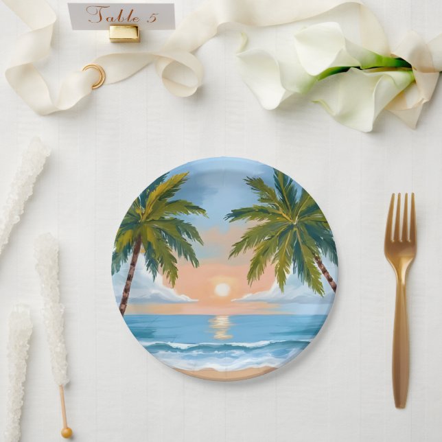 Prato De Papel Palm Tree Sunset | Casamento de praia tropical (Casamento)