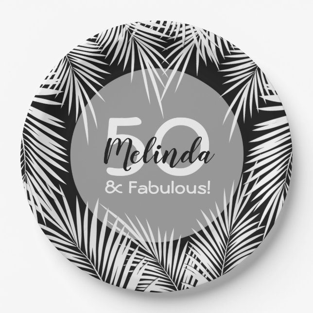 Prato De Papel Palmas brancas em preto tropical (Frente)