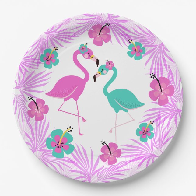 Prato De Papel Palmas de turquesa rosa tropical Flamingo 9" (Frente)