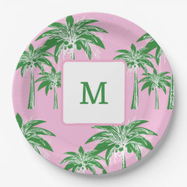 Prato De Papel Palmeira verde rosa, preppy Summer Summer Monogram