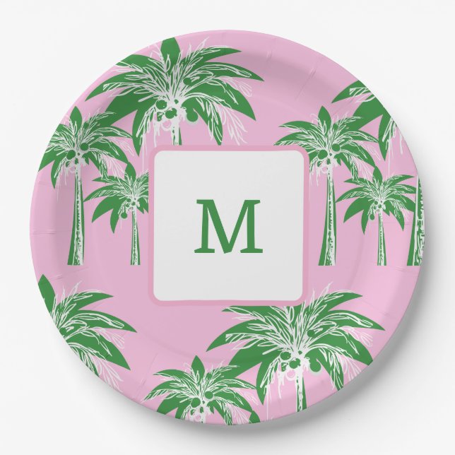 Prato De Papel Palmeira verde rosa, preppy Summer Summer Monogram (Frente)