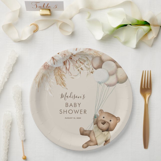 Prato De Papel Pampas Grass Boho Teddy Bear Paper Pla (Casamento)