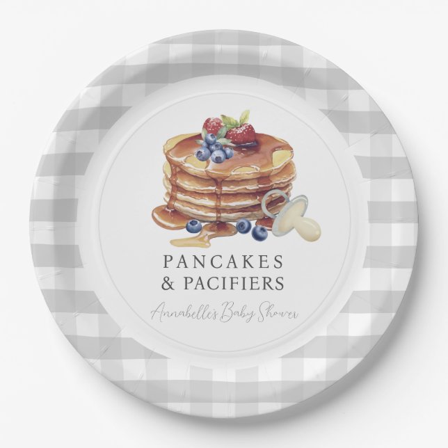 Prato De Papel Pancakes & Pacifiers Gray Gingham Baby Shower (Frente)
