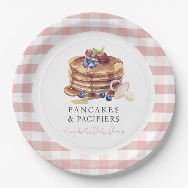 Prato De Papel Pancakes & Pacifiers Pink Gingham Boy Baby Shower (Frente)