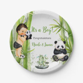 Prato De Papel Panda Bamboo Tema Bebê Menino Negro Branco Verde