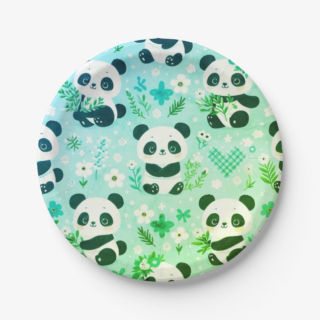 Prato De Papel Panda Bear Pattern Green Impressão (Frente)