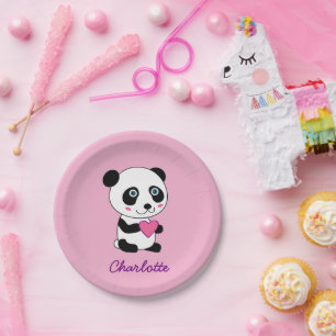 Prato De Papel Panda bonita com um nome personalizado cor-de-rosa