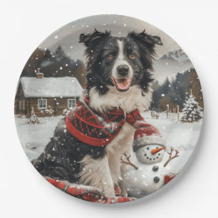 Prato De Papel Pano Collie Dog Snowman na fronteira de Natal