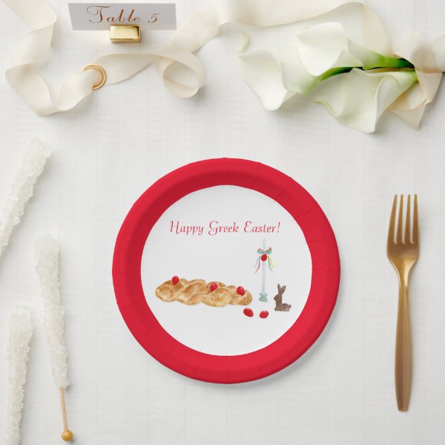 Prato De Papel Pão de Páscoa Grego Feliz Aquarela Com Coelho (Casamento)