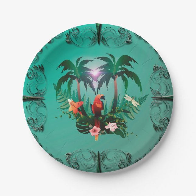 Prato De Papel Papagaio bonito com flores e palma (Frente)
