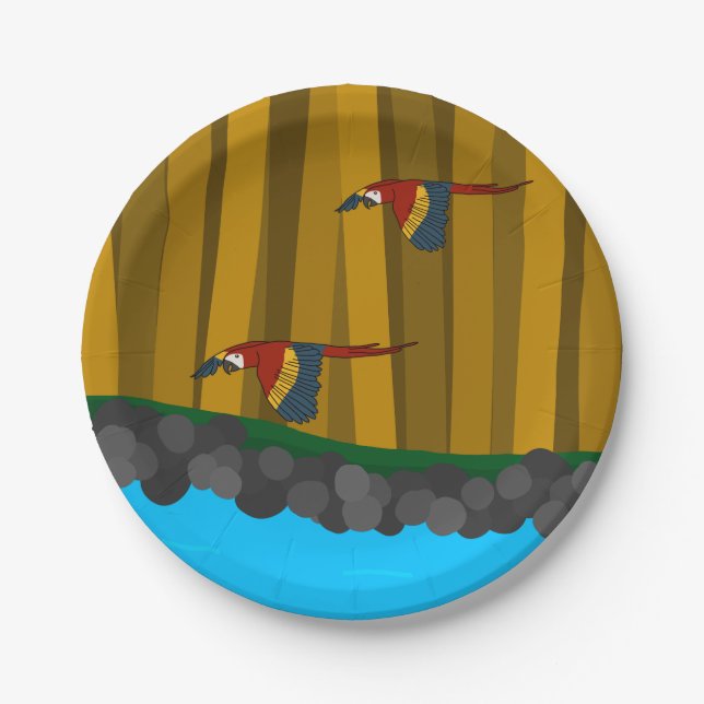 Prato De Papel Papagaios Exóticos Na Floresta (Frente)