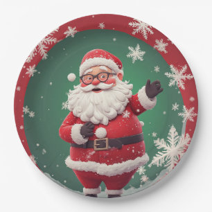 Prato De Papel Papai Noel Alegre Rodeado de Flocos de Neve