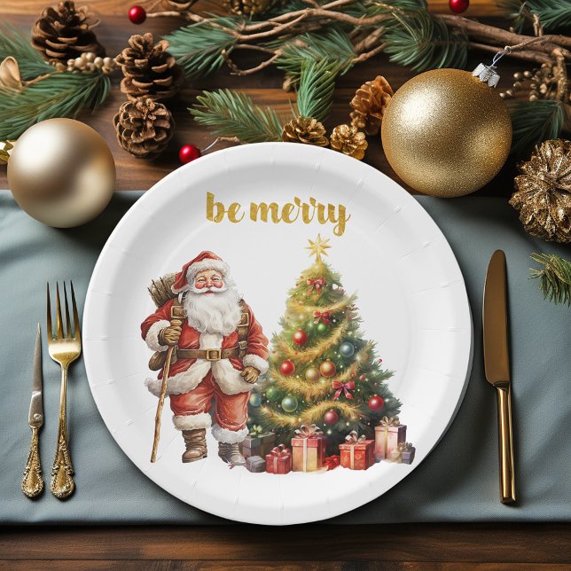 Prato De Papel Papai Noel Árvore de Natal Seja Alegre (Criador carregado)