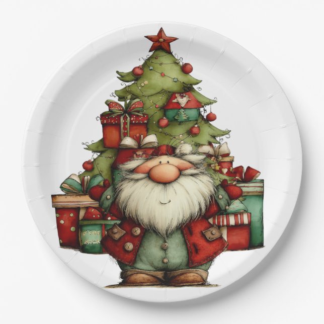 Prato De Papel Papai Noel Caprichoso Com Árvore (Frente)
