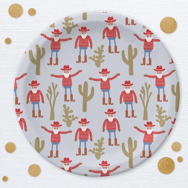 Prato De Papel Papai Noel Caubói Natal Western (Fun Cowboy Santa Claus Christmas Holidays Western party paper plates)
