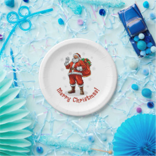 Prato De Papel Papai Noel Clássico trazendo presentes de Natal