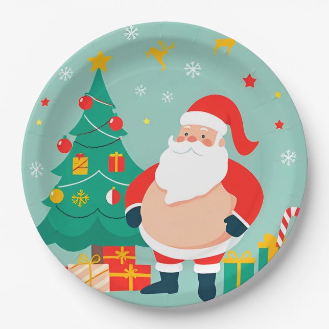 Prato De Papel Papai Noel com Árvore de Natal e Presentes (Frente)