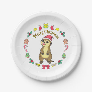 Prato De Papel Papai Noel de chapéu de Natal Meerkat Fofo