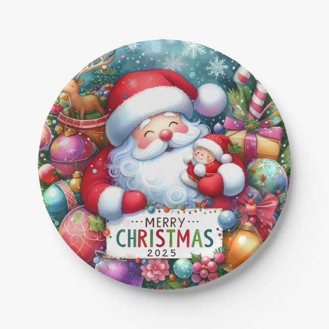 Prato De Papel Papai Noel de Natal Com Bebê  (Frente)