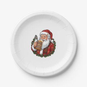 Prato De Papel Papai Noel de Natal segurando copo de cerveja