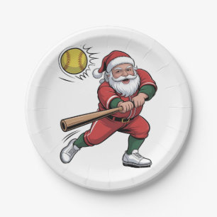 Prato De Papel Papai Noel Jogando Softbol Natal Jogador Esporte