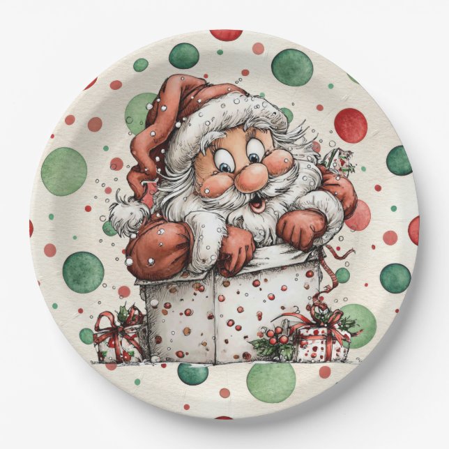 Prato De Papel Papai Noel Saindo da Caixa de Presente (Frente)