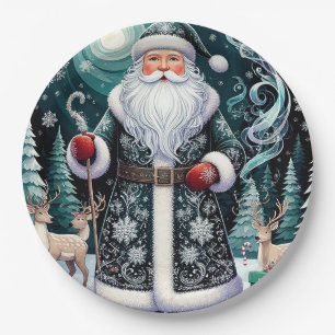 Prato De Papel Papai Noel tradicional em cena de inverno festivo